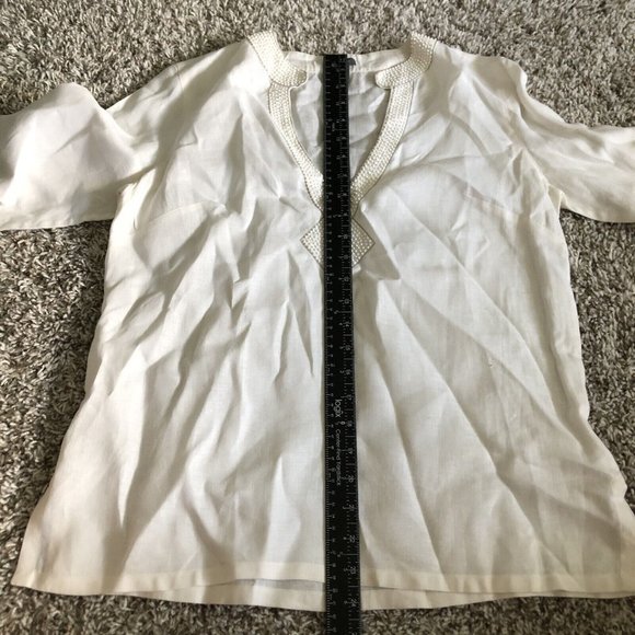 Ann Taylor Off White Beaded 100% Linen Long Sleeve V Neck Popover Tunic Top SZ 4 - Picture 6 of 8